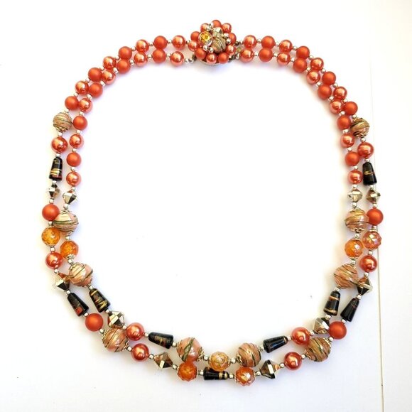 Unbranded Jewelry - Vintage 50s Orange Beaded Necklace Matte Shiny Black Gold Green Halloween Autumn